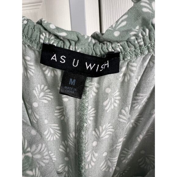 As U Wish Green White Boho Sleeveless Ruffle Wide Leg Jumpsuit Medium Summer - Picture 2 of 9